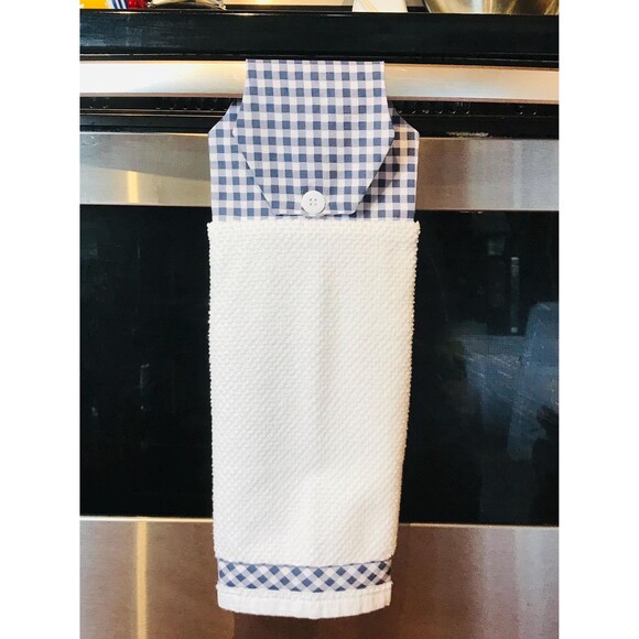 Hanging Kitchen Tea Towel, Button Closure, Cotton Dish Towel, Blue Gingham - Picture 1 of 7